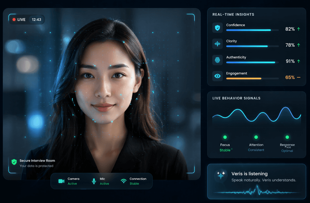 VERIS AI interview analysis dashboard for evidence review